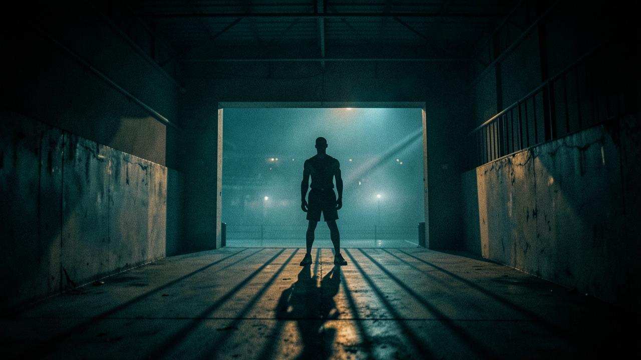 Silhouetted athlete standing in an empty arena tunnel with bar-like shadows across the floor