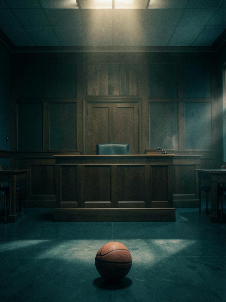 Empty courtroom with a basketball resting on the floor before the bench