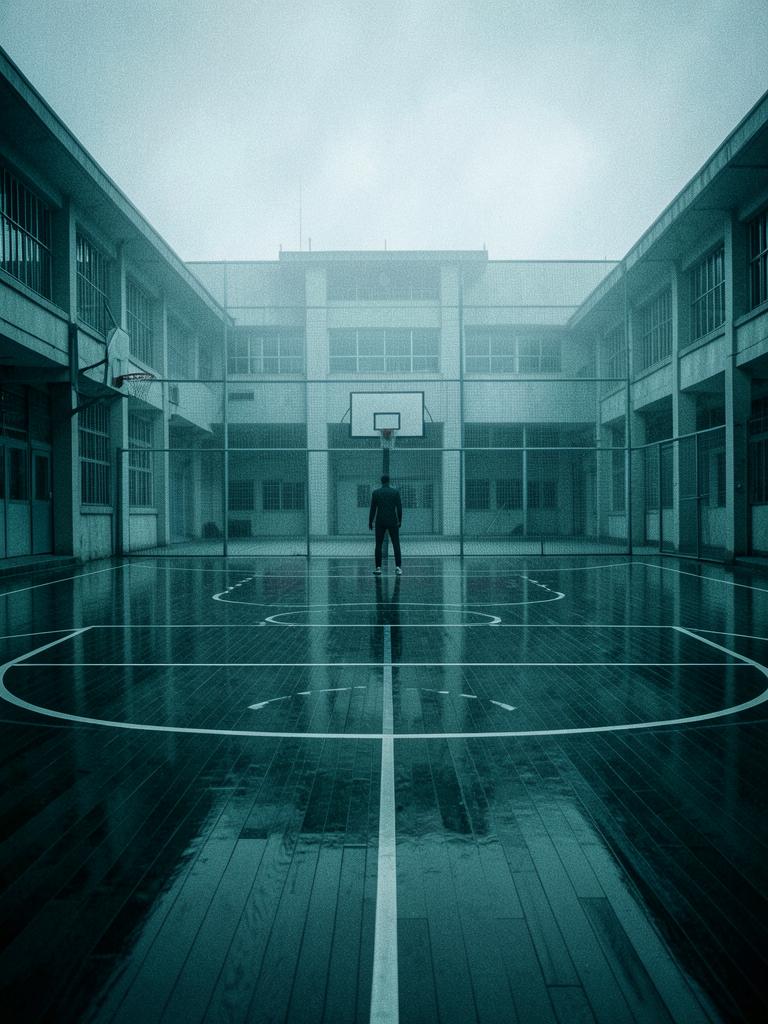 Empty basketball court enclosed by institutional architecture