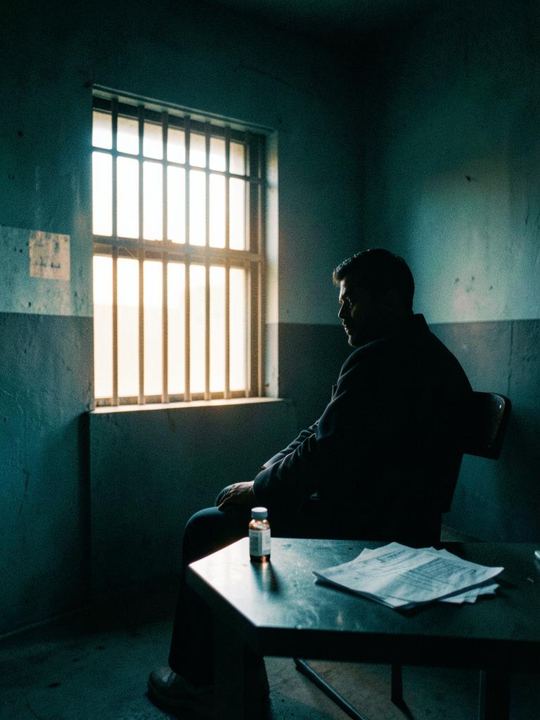 Seated figure beside a barred window with medicine and paperwork on a table