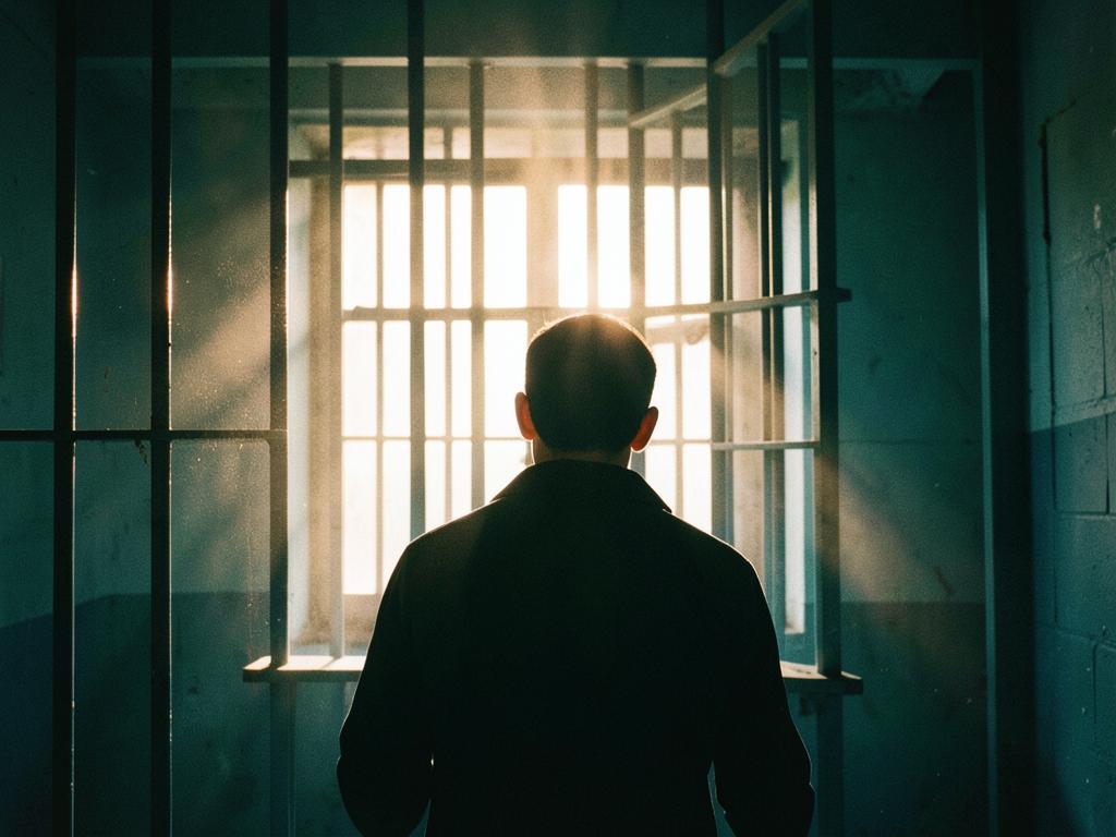 Figure looking toward light through a barred institutional window