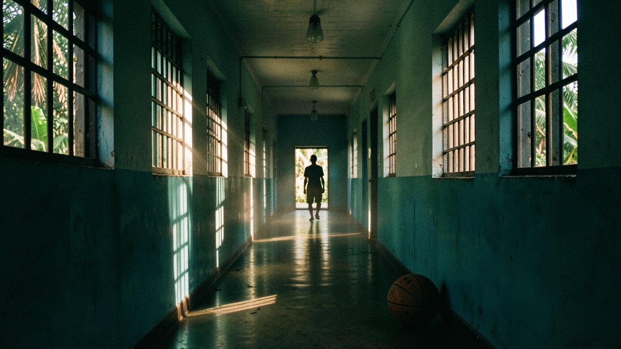 Prison corridor with daylight through barred windows and a distant figure