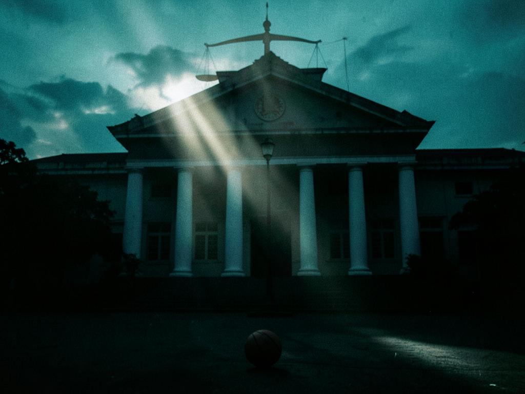 Courthouse silhouette at dusk with light breaking through the columns