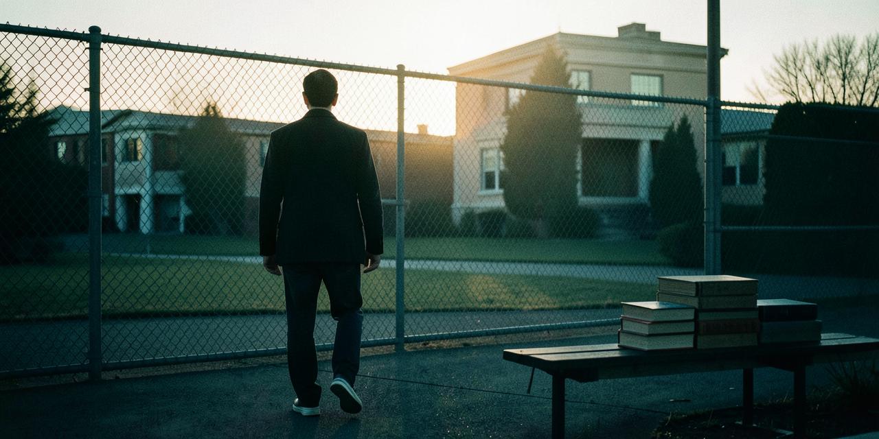 Figure walking away from institutional fencing toward campus buildings at dawn