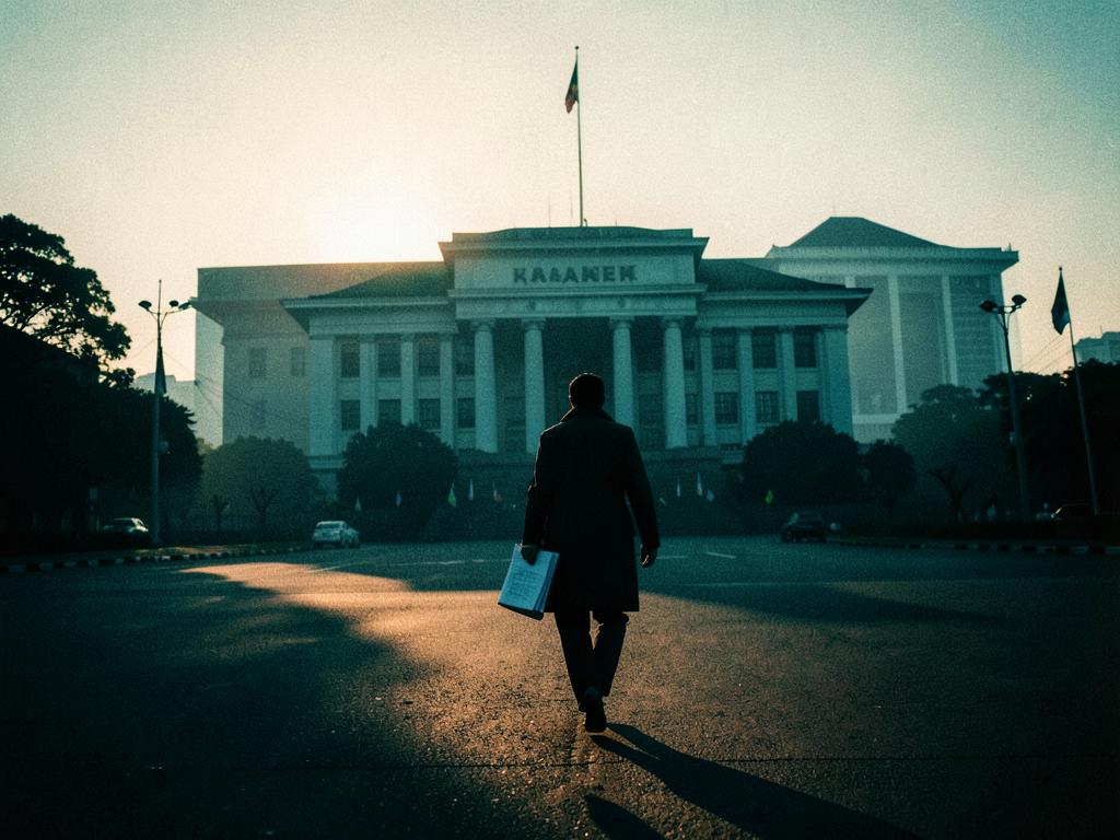 Advocate carrying documents walking toward an international courthouse at dawn