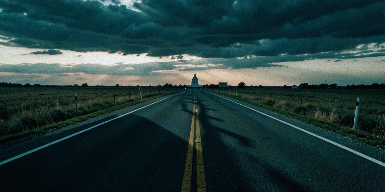 Empty prairie highway crossing a state line with bar-like shadows across the road