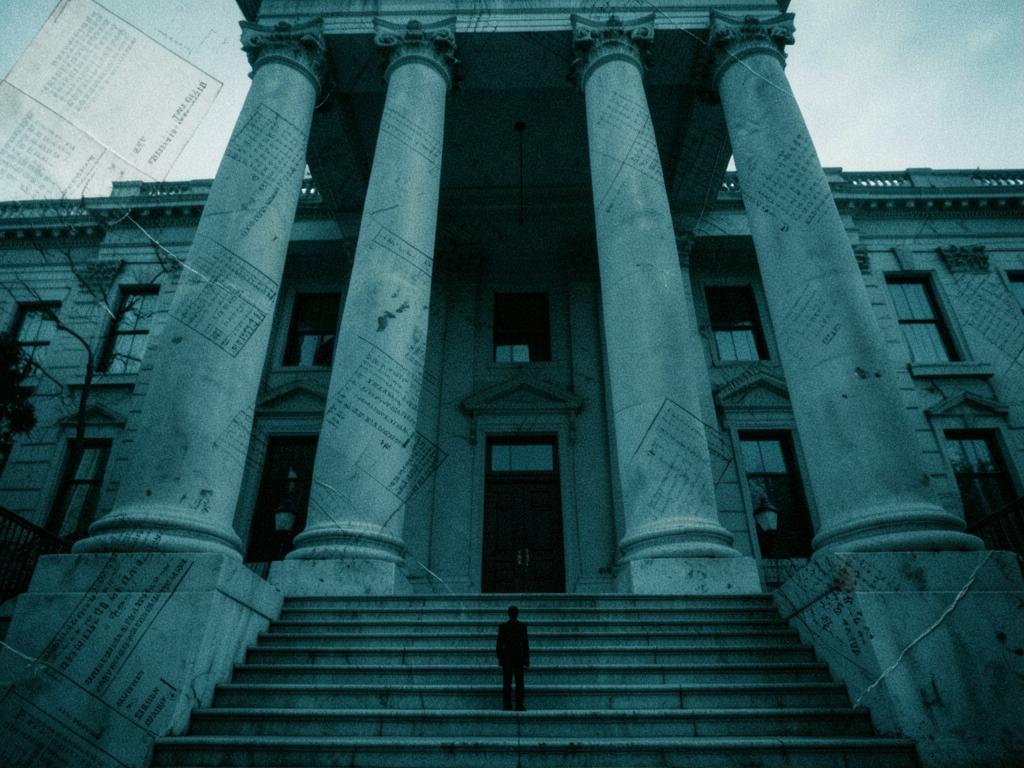 Lone figure dwarfed by the columns of a Louisiana courthouse