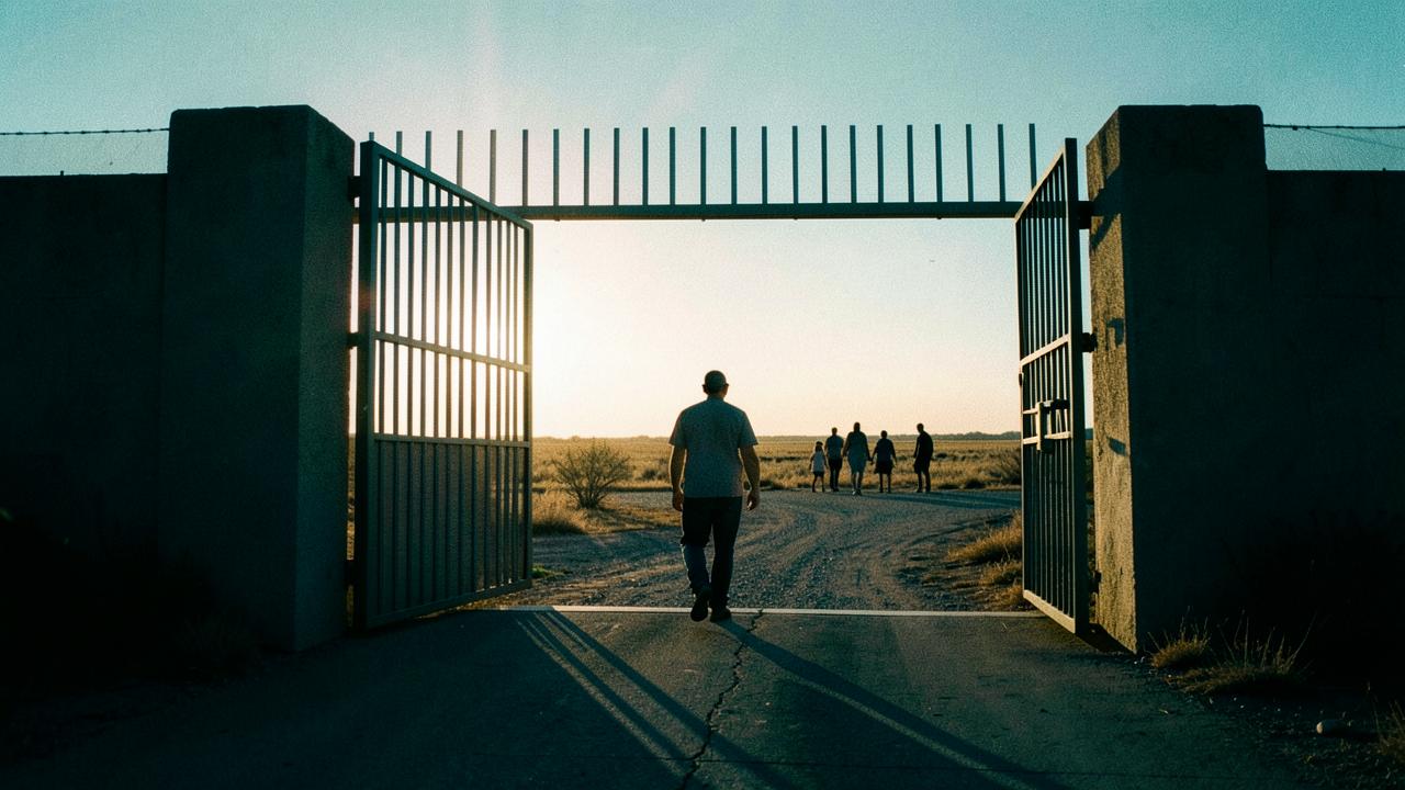 Open prison gate at sunrise with a man walking toward waiting family